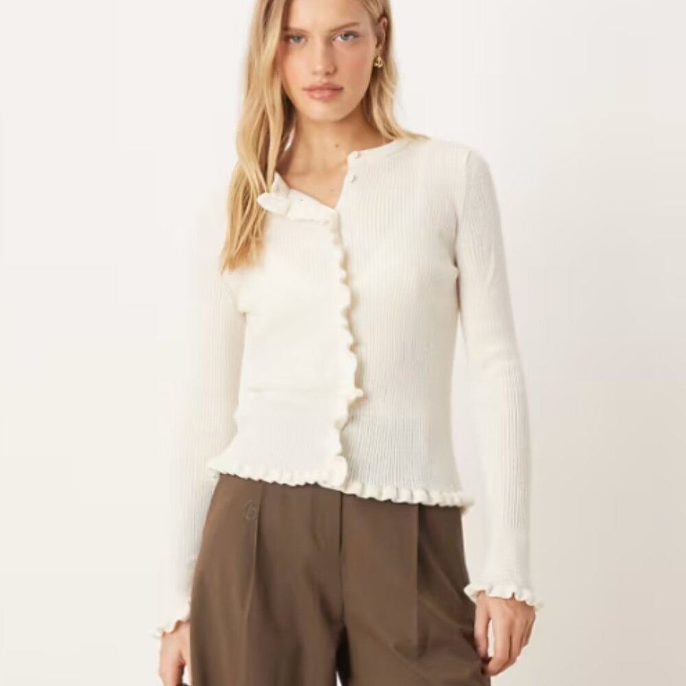 MANGO Wool Blend Scalloped Edges Ribbed Cardigan in Ecru, L NWT